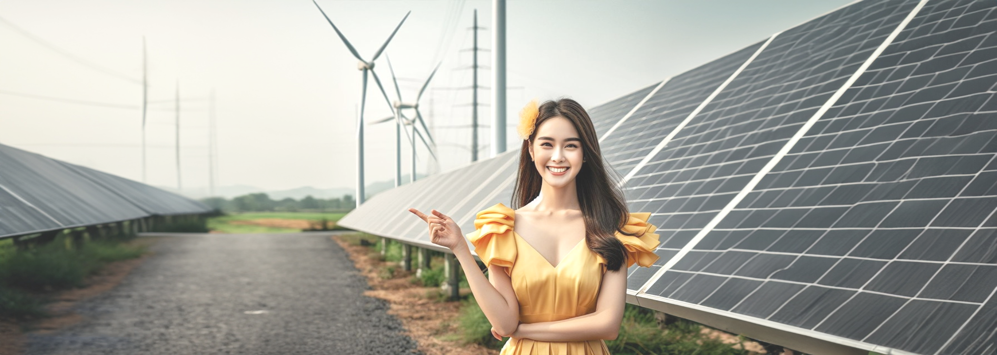 girl in front of solar panels