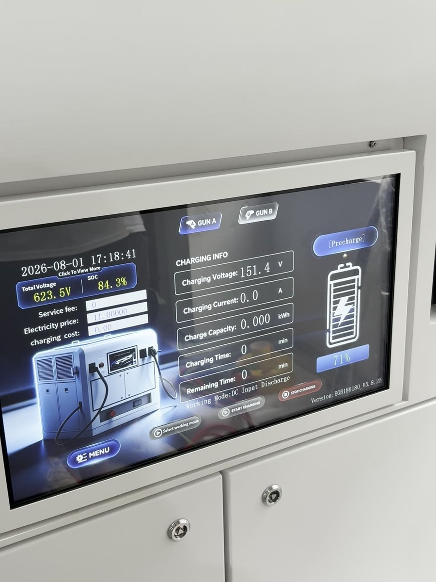 EG-Nova 150 Dual HMI during an active DC charging session - 623.5V battery voltage, precharge state on the 180kWh LiFePO4 system