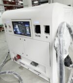 EG-Nova 150 Dual 150kW battery-integrated DC fast EV charger with 180kWh LiFePO4 storage - three-quarter view showing dual-gun HMI, STOP button, DCIN inlet and 20kW PV-ready body